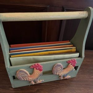 Set of 12 multi-colored cloth napkins with rooster container